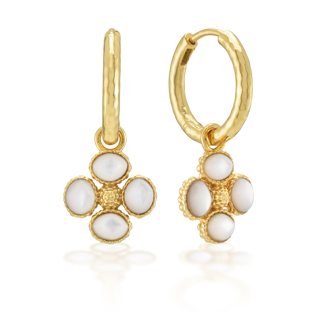 Berry Clover Hoop Earrings w/ Double Sided Charm, MOP