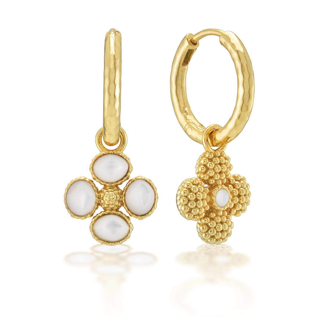 Berry Clover Hoop Earrings w/ Double Sided Charm, MOP