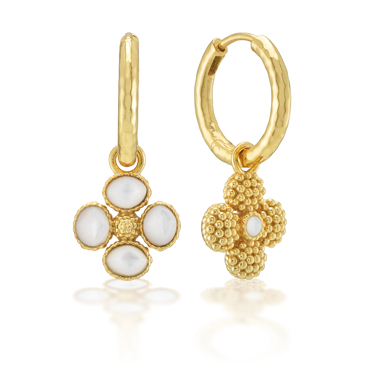 Berry Clover Hoop Earrings w/ Double Sided Charm, MOP