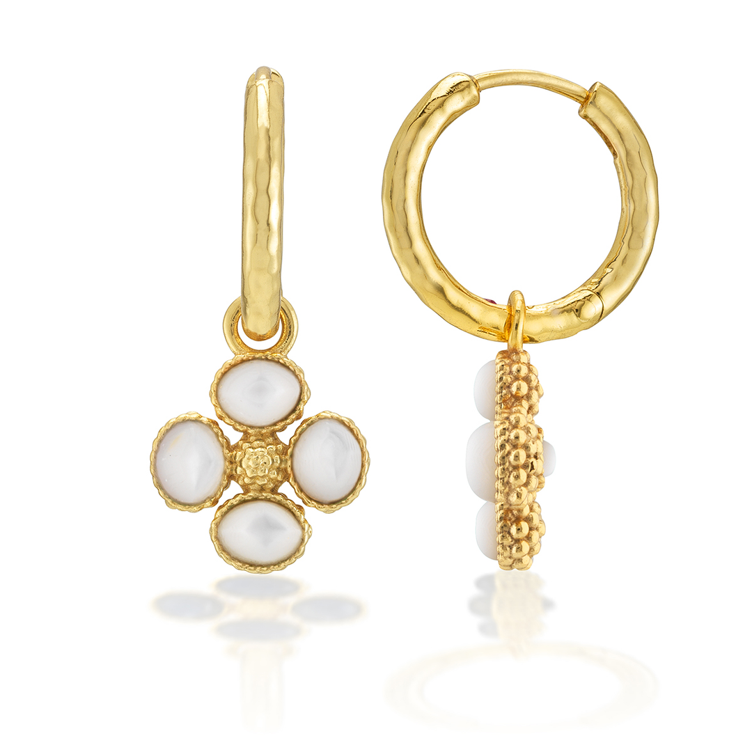 Berry Clover Hoop Earrings w/ Double Sided Charm, MOP