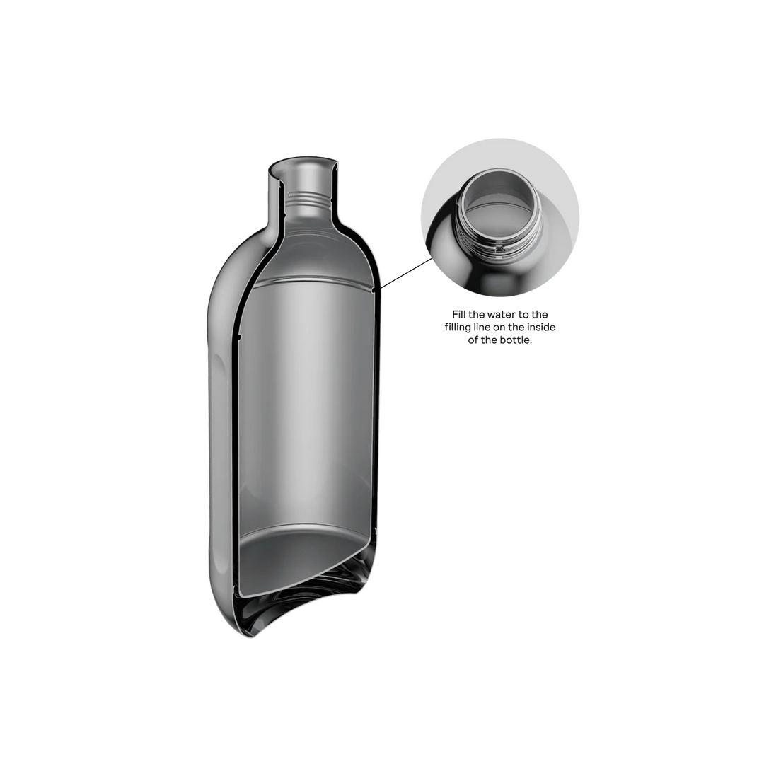 A silver bottle shown on a white background with a circular inset close-up of the bottle opening and a callout note about filling to the inside line.