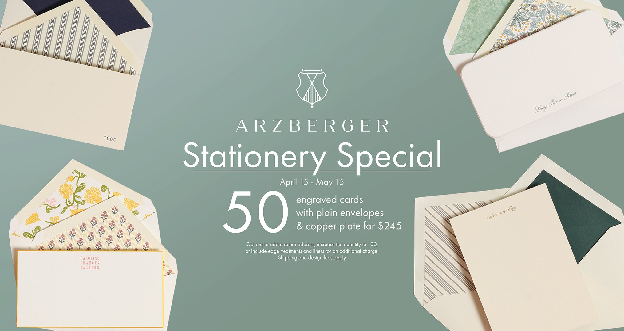 Promotional banner for Arzberger stationery with envelopes and cards on a eucalyptus green background