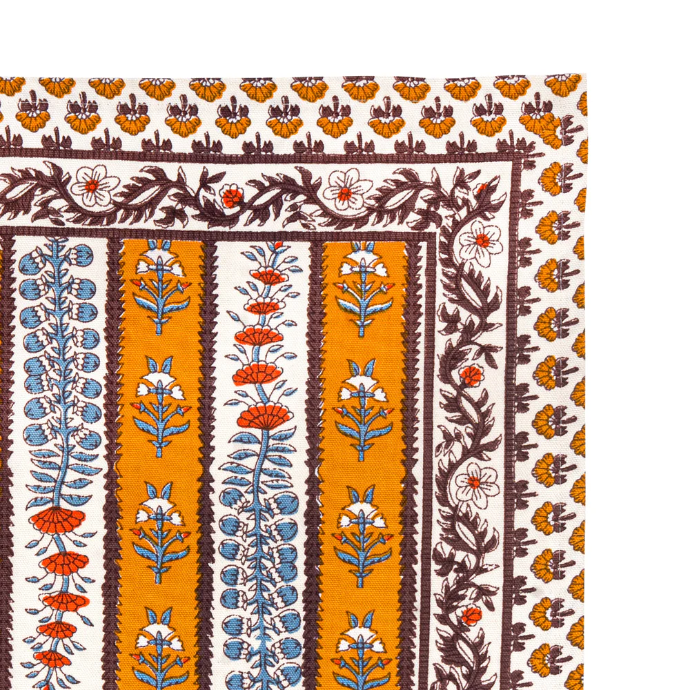 Decorative tea towel closeup with floral patterns on a white background