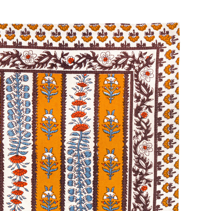 Decorative tea towel closeup with floral patterns on a white background