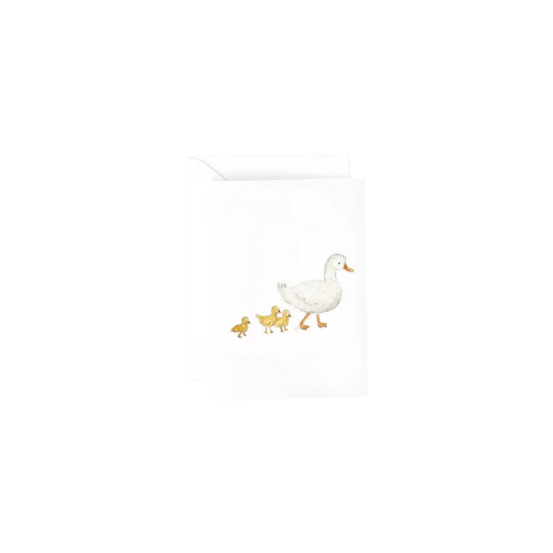 a watercolor illustration of a white duck with two ducklings on a gift enclosure card