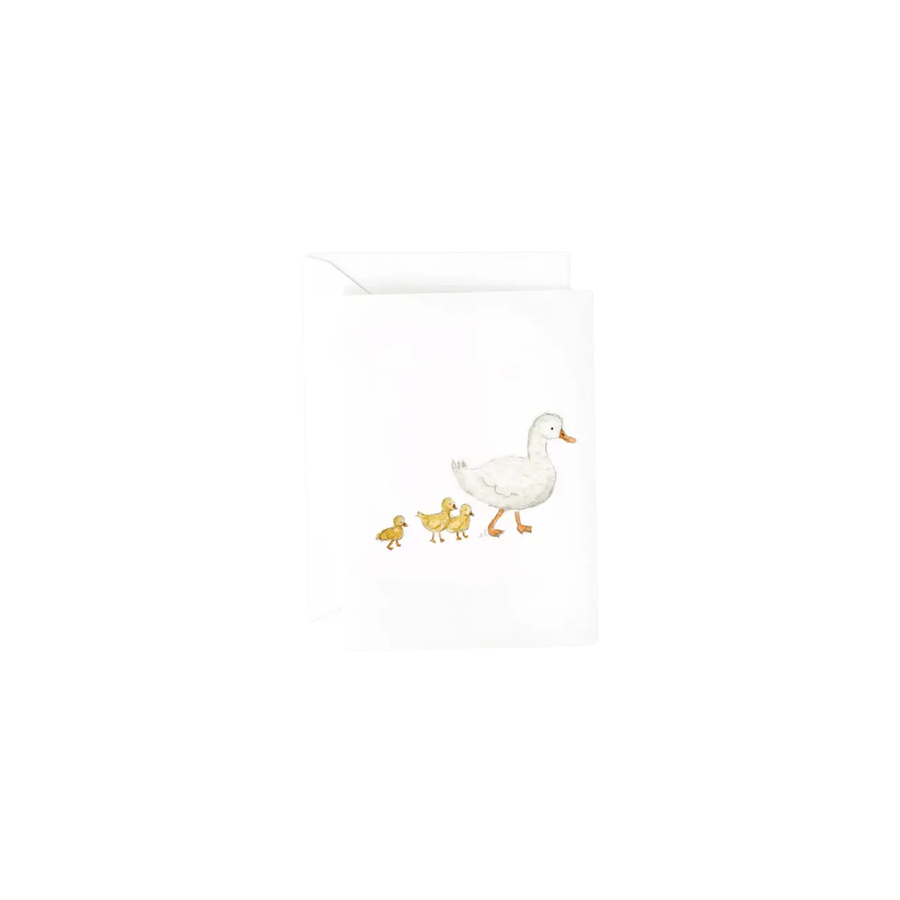 a watercolor illustration of a white duck with two ducklings on a gift enclosure card