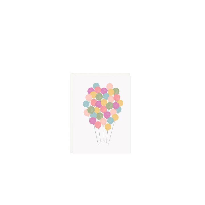 Illustration of colorful balloons on a white birthday card