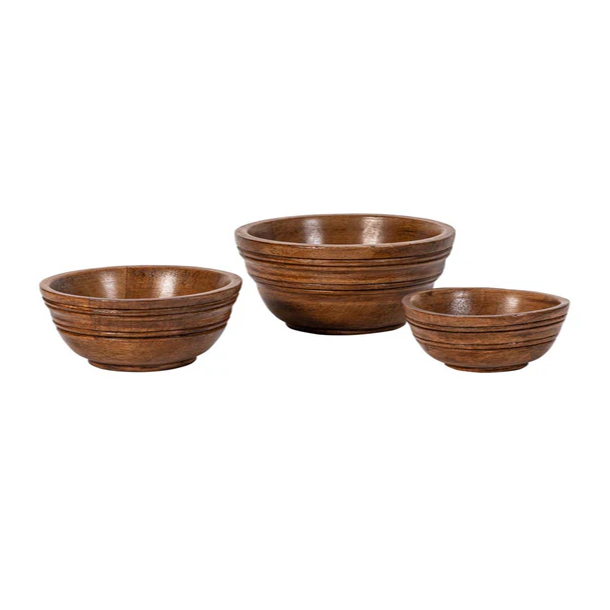three brown wooden nesting bowls sitting next to eachother