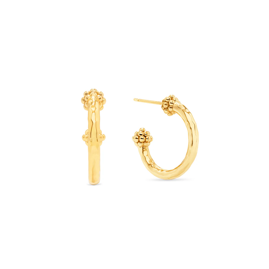 A pair of gold berry themes hoop earrings