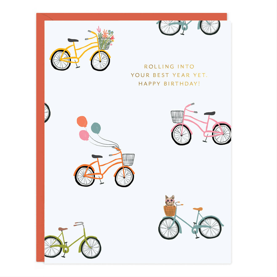 Birthday card with colorful bicycles and balloons