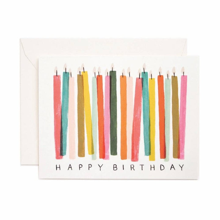 Greeting card with colorful candles and 'Happy Birthday' text on white paper