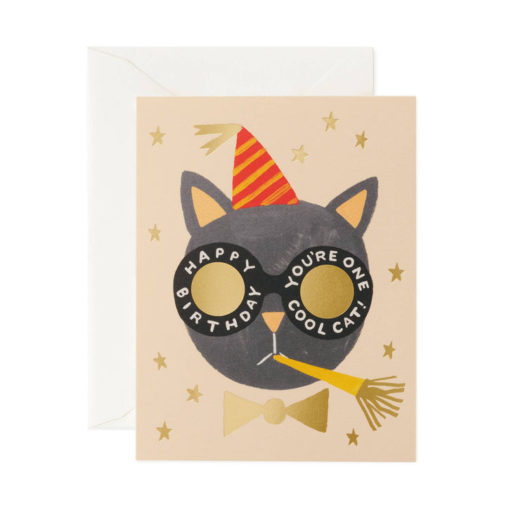 Birthday card with an illustration of a cat wearing sunglasses with the words "happy birthday - You're one cool cat! " around the rims and party hat on  beige paper
