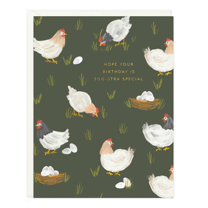 Greeting card with chicken illustrations and text reading "Hope your birthday is egg-stra special" on a green background