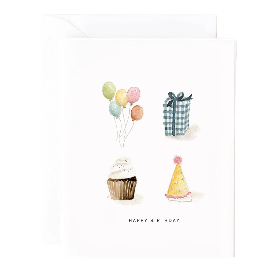 Birthday card with cupcake, balloons, and gift box illustration on a white background
