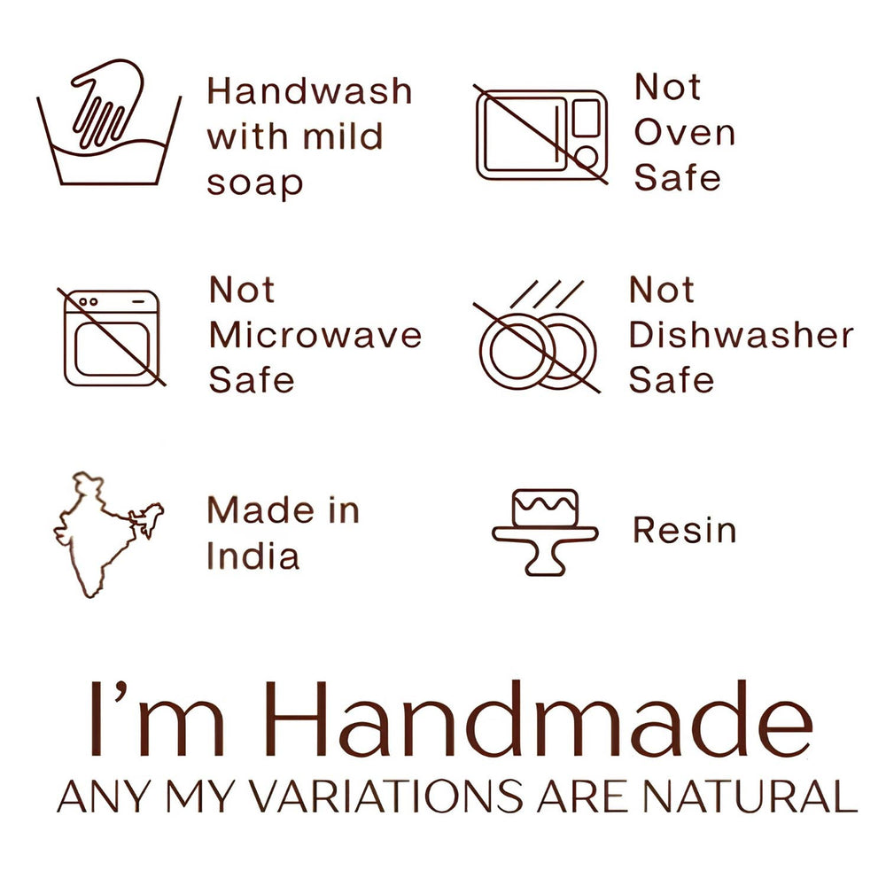 A product information graphic on a white background with brown line icons and text. The icons indicate that the item should be handwashed with mild soap, is not oven safe, is not microwave safe, is not dishwasher safe, is made in India, and is resin.