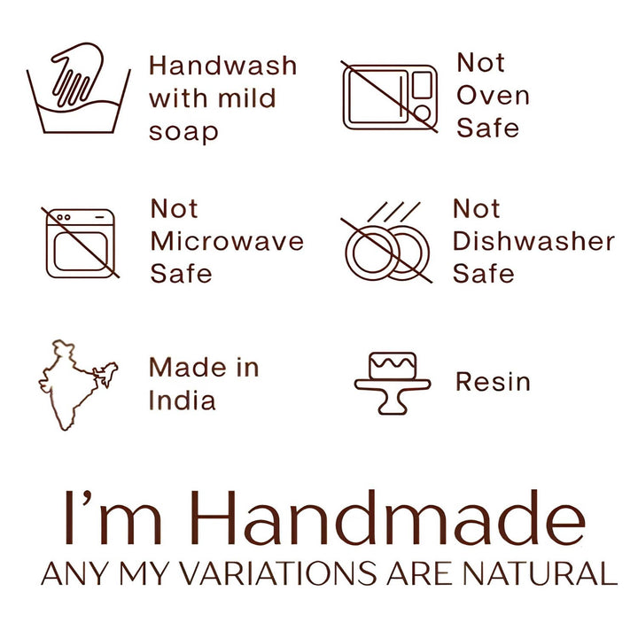 A product information graphic on a white background with brown line icons and text. The icons indicate that the item should be handwashed with mild soap, is not oven safe, is not microwave safe, is not dishwasher safe, is made in India, and is resin.