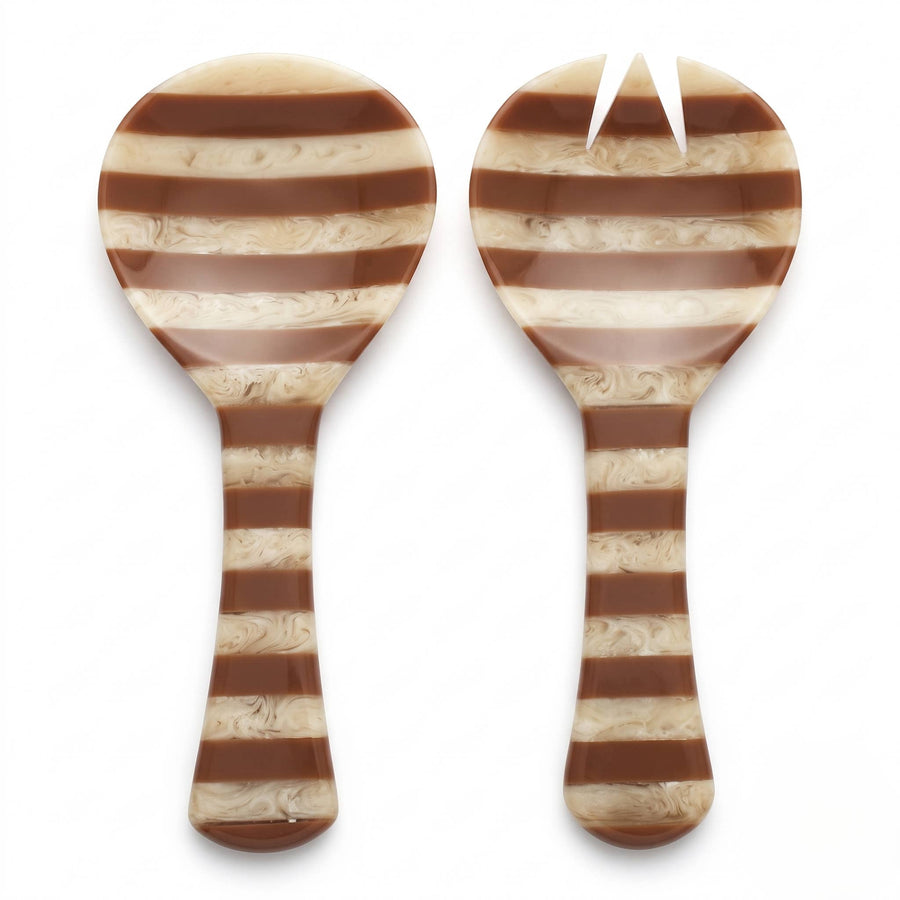 Two striped serving utensils, likely a spoon and a small fork, with alternating brown and cream marbled horizontal stripes, shown on a white background.