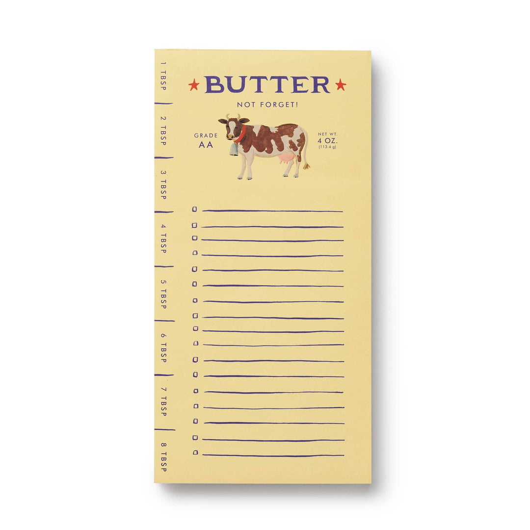 A reminder list designed to look like a stick of butter with an illustration of a cow