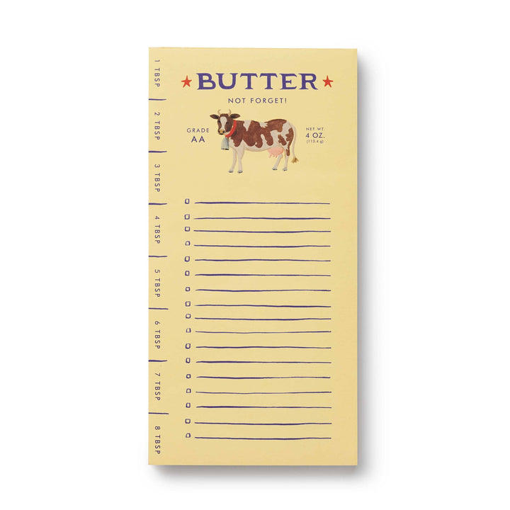 A reminder list designed to look like a stick of butter with an illustration of a cow