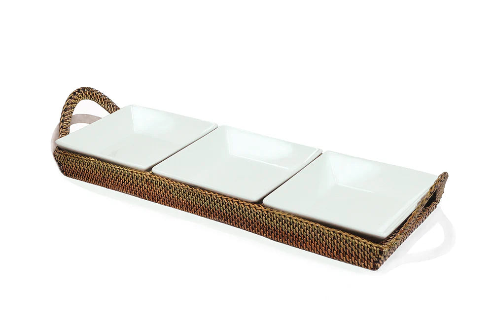 Calaisio Rectangular Tray w/ Dividers, 3 Porcelain Dishes