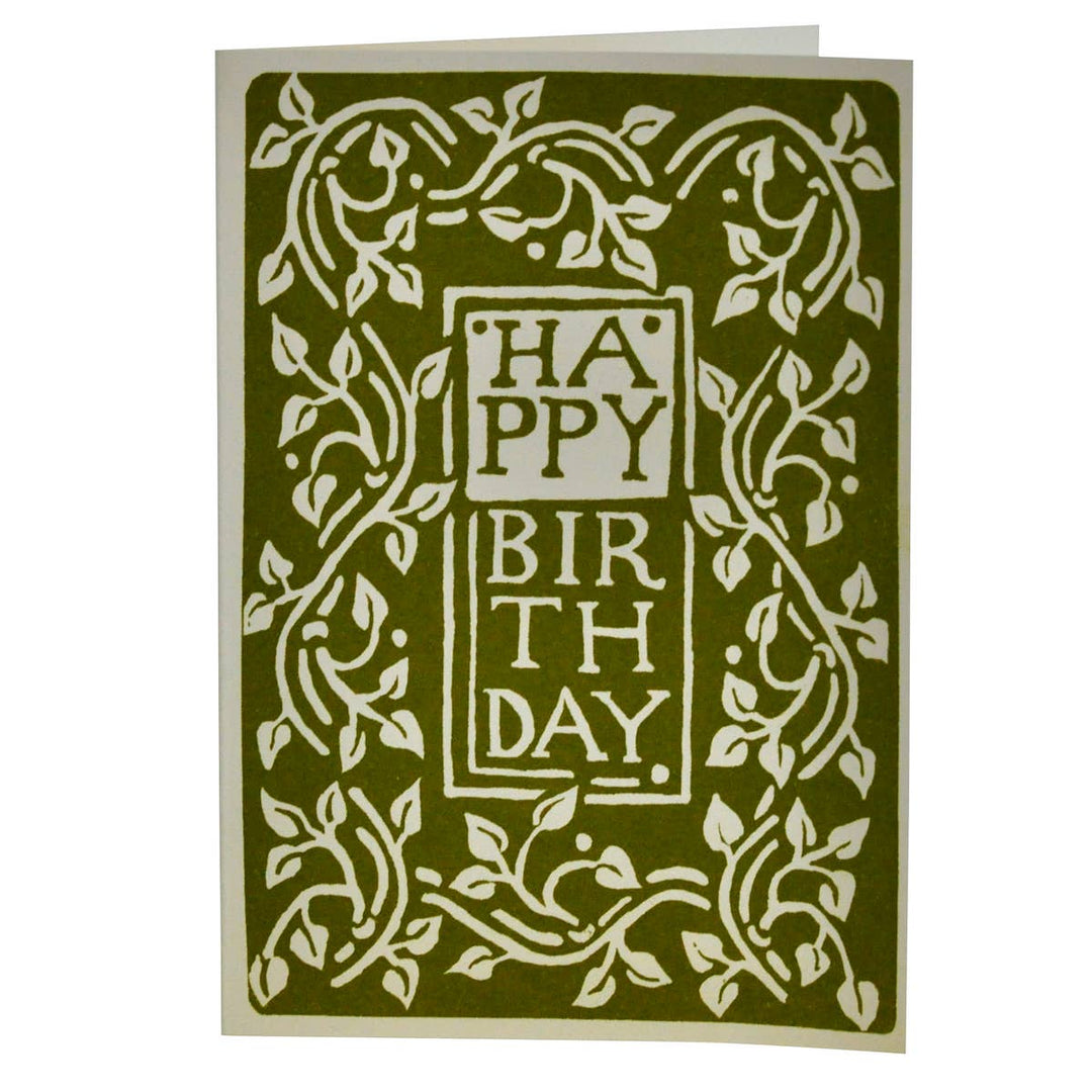 Green birthday card with white text and decorative border on a white background