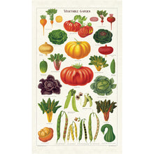 Load image into Gallery viewer, Art towel featuring colored drawings of various garden vegetables
