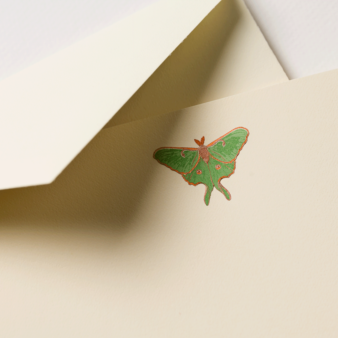 Green Luna Moth-shaped engraved motif on an ecruwhite notecard and matching envelope