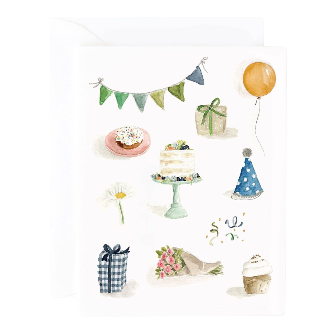 a greeting card with illustrations of birthday-themed items including a cake, balloons, and gift boxes