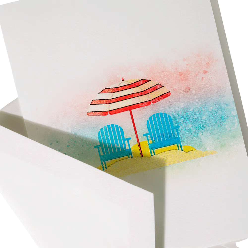 Card with a beach scene featuring a red and white striped umbrella and blue chairs on a airbrush splatter background