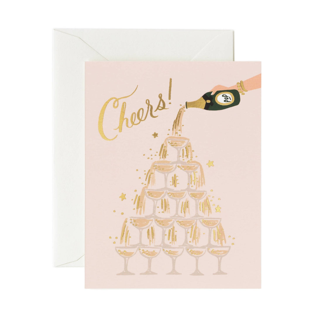 Greeting card with champagne tower illustration and 'Cheers!' text on light pink paper