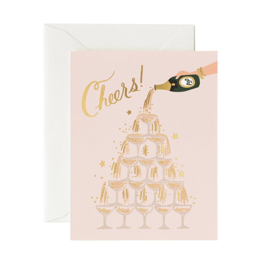 Greeting card with champagne tower illustration and 'Cheers!' text on light pink paper