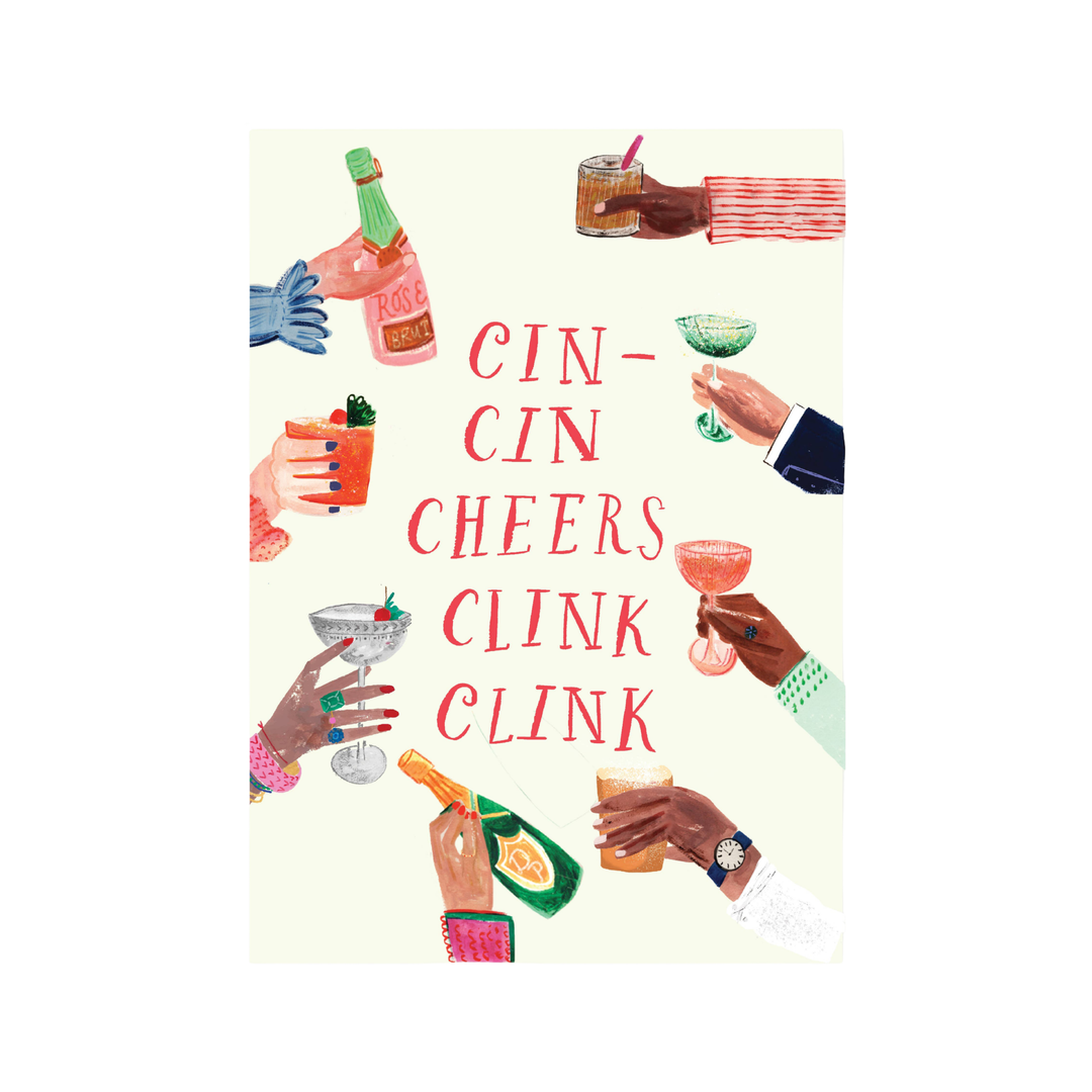 Illustration of hands holding drinks with 'Cin-Cin Cheers Clink Clink' text