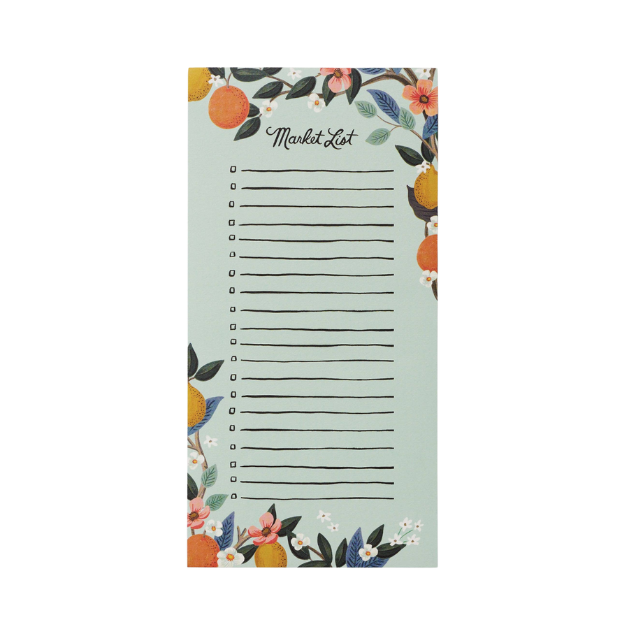 A grocery list pad with floral design and 'Market List' text on a light blue paper