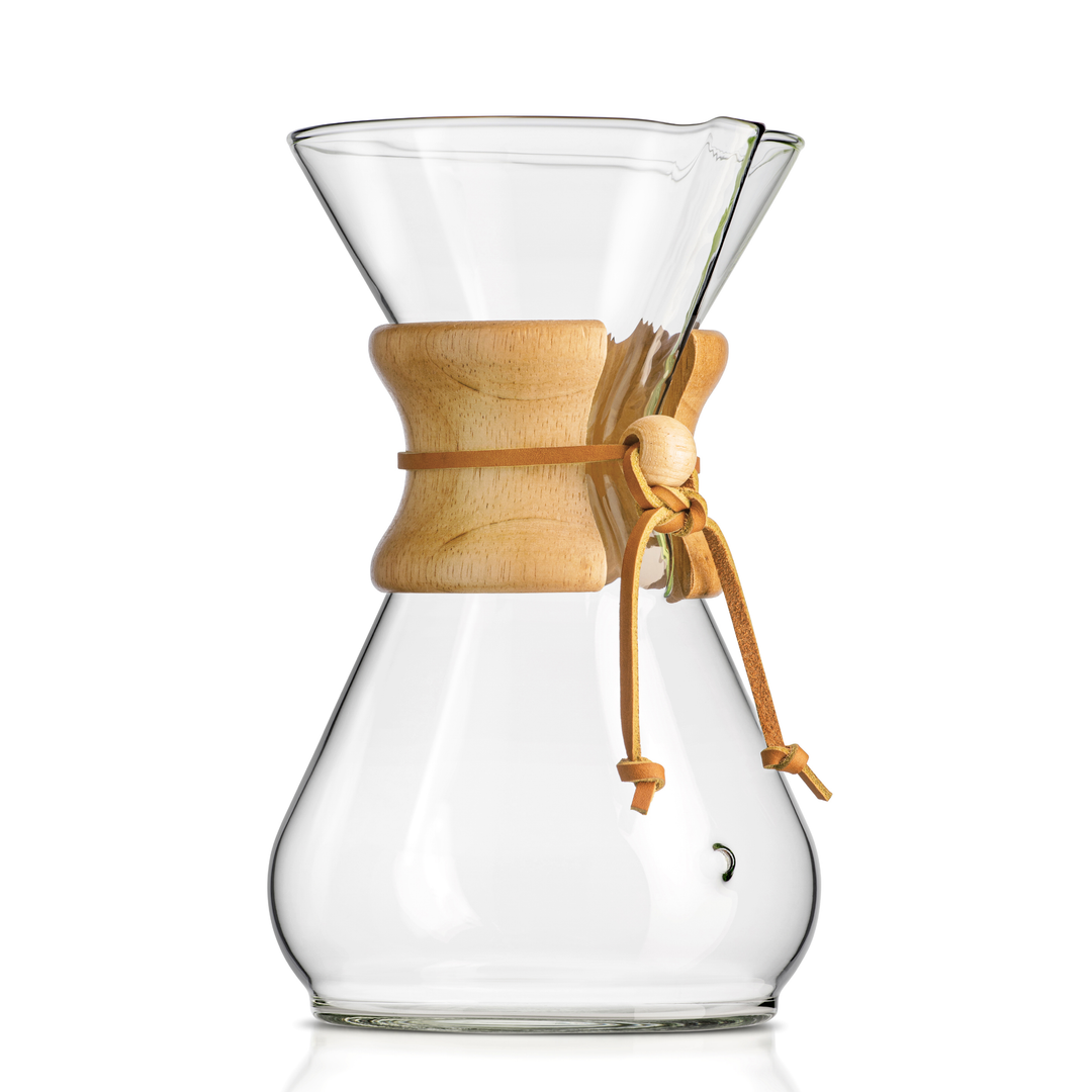 Clear glass coffee maker with wooden collar 