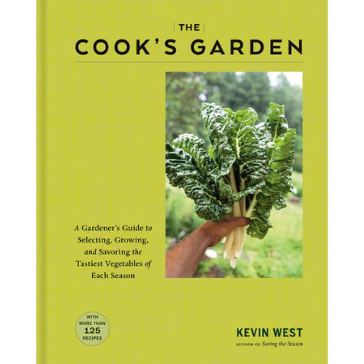 Book cover of 'The Cook's Garden' with a hand holding greens and a green background