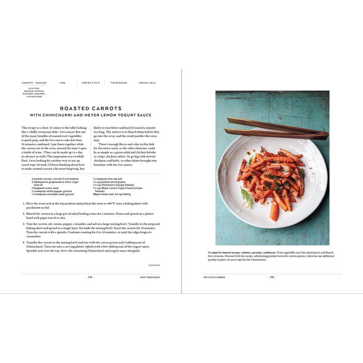 Recipe page for roasted carrots with chinchirro and meyer lemon yogurt sauce on a magazine or book page.