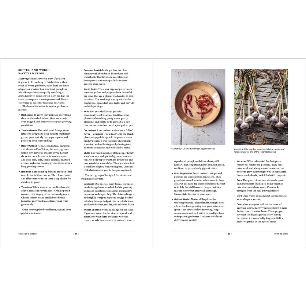 Book page with text on the left and images of a dish and garlic on the right.