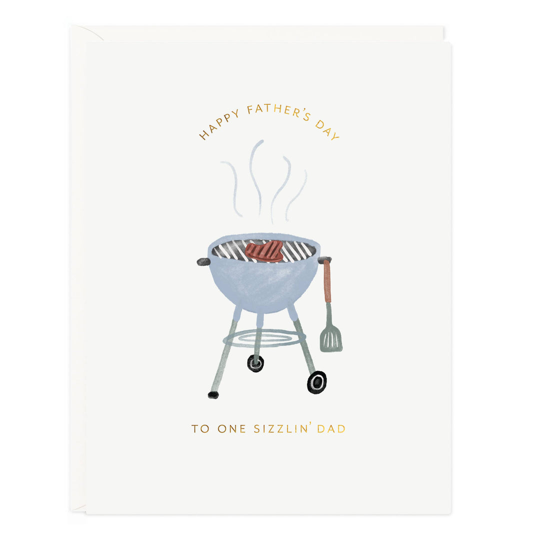 Father's Day card with a graphic of a barbecue and text at the bottom reading "to one sizzlin' dad".