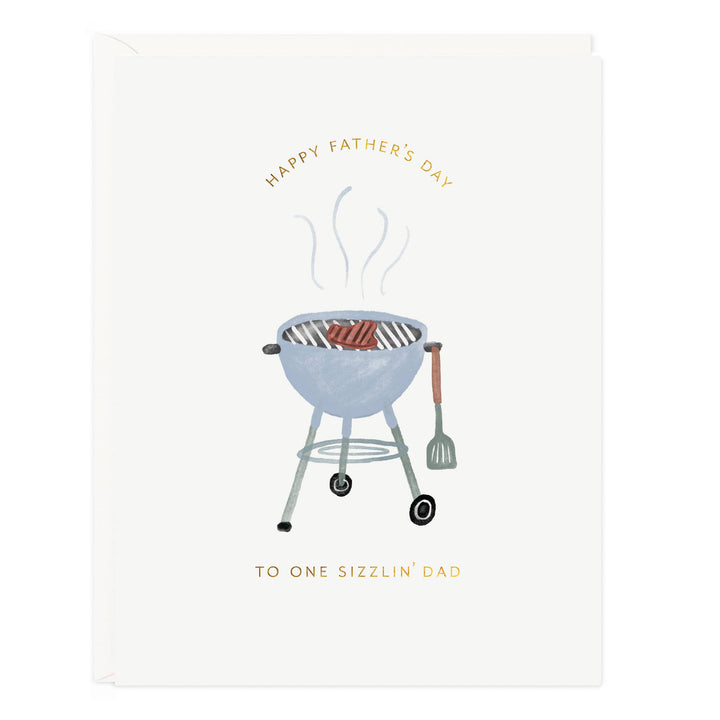 Father's Day card with a graphic of a barbecue and text at the bottom reading "to one sizzlin' dad".