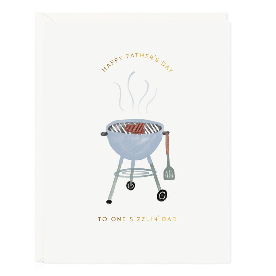 Father's Day card with a graphic of a barbecue and text at the bottom reading "to one sizzlin' dad".