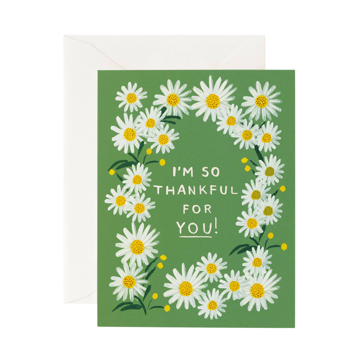 A green card with white text reading " I'm so thankful for you!" and a daisy border