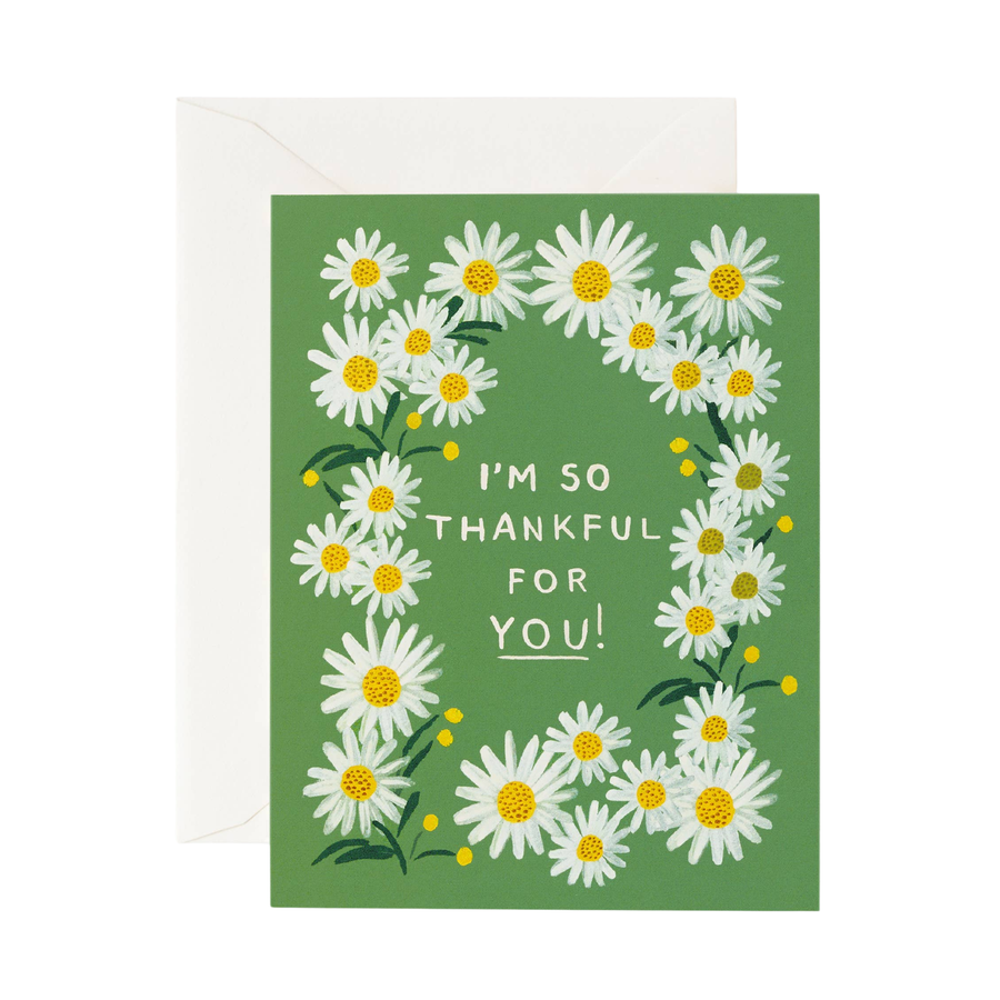 A green card with white text reading " I'm so thankful for you!" and a daisy border
