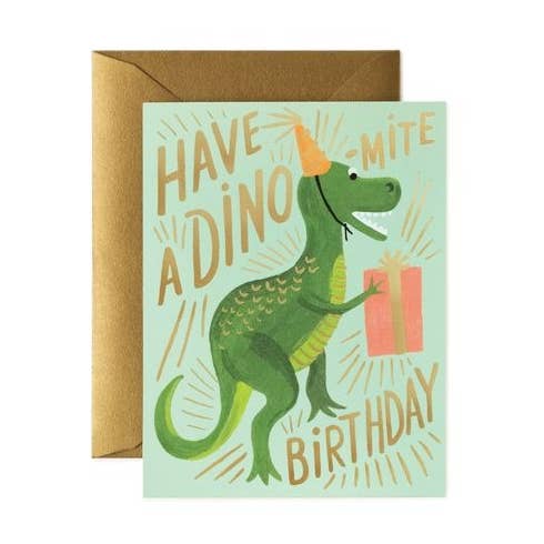 Birthday card with dinosaur illustration and 'Have a dino-mite birthday' text, featuring a gold envelope.