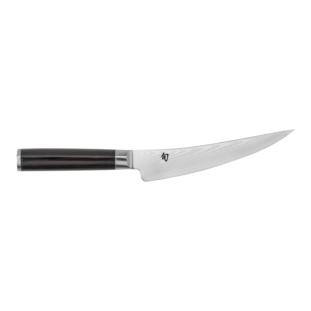 A boning knife with visible pattern on the blade