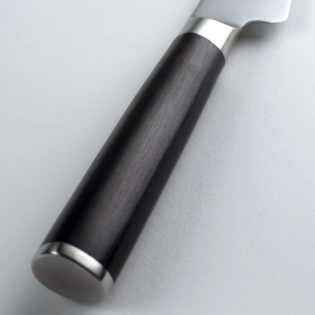Knife with a dark wooden handle and silver blade on a light gray background