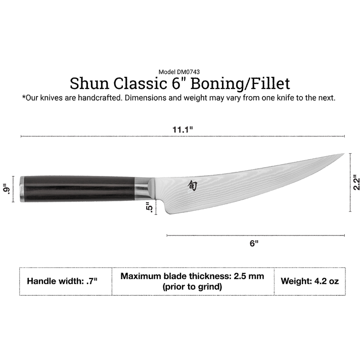 Shun Classic 6" Boning/Fillet knife with dimensions and weight information on a white background