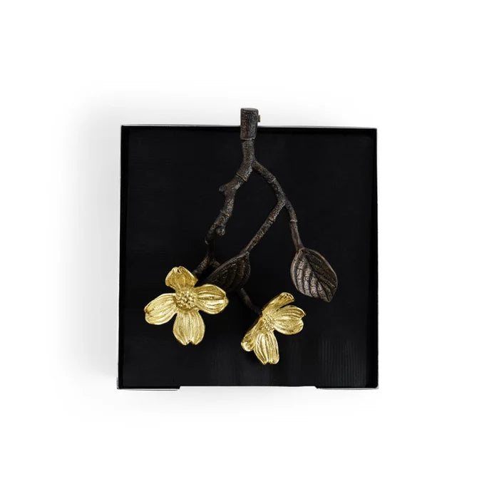 Napkin holder with gold dogwood flowers weight