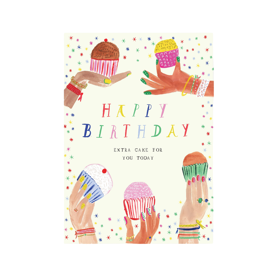 Birthday card with hands holding cupcakes and colorful text 