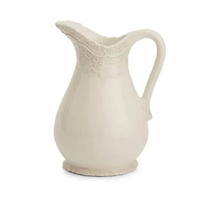 White ceramic pitcher with lacy designs sculpted around the top