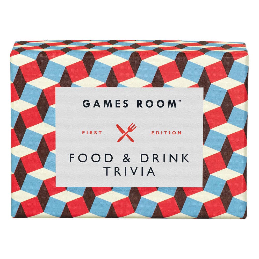 Packaging of 'Games Room Food & Drink Trivia' with geometric pattern